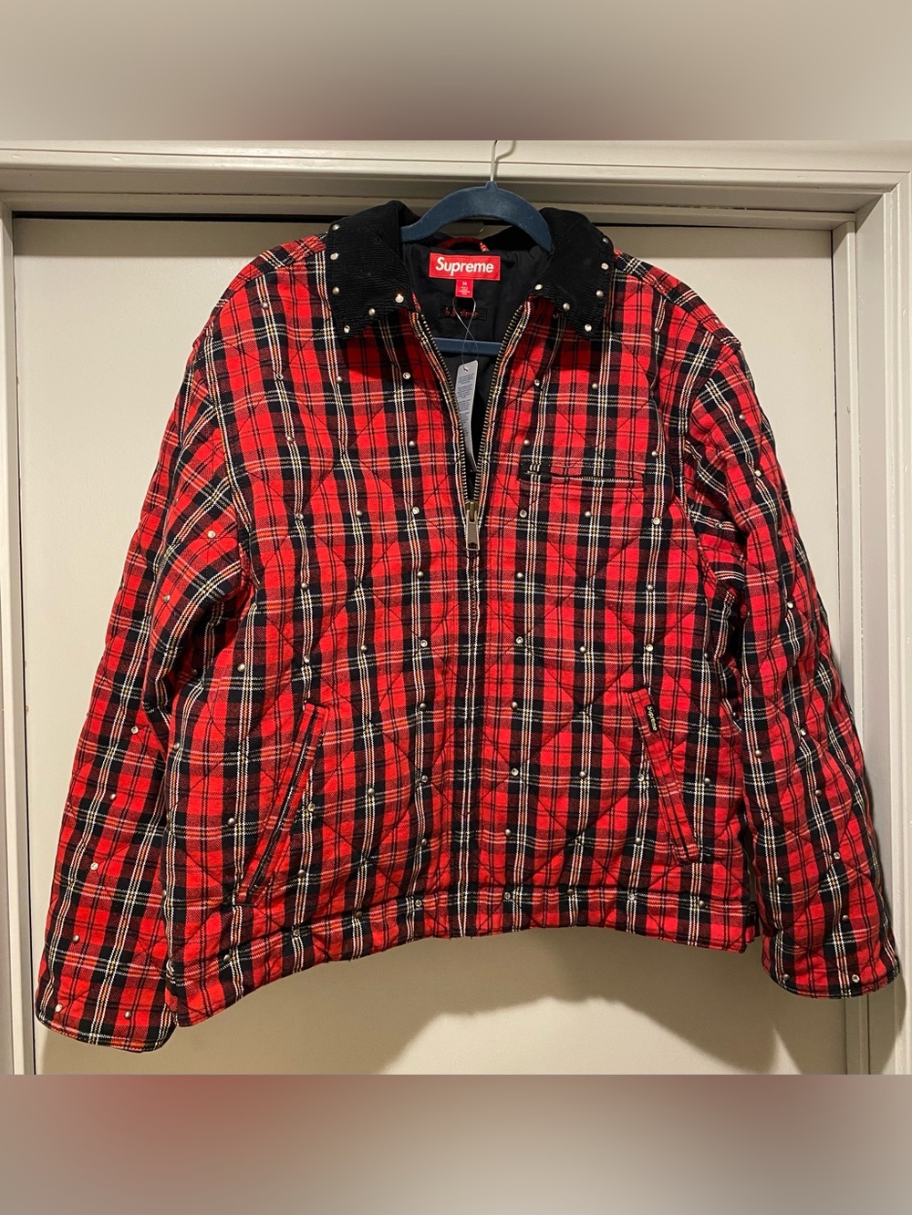 Supreme b. b. Simon Red Black Plaid Studded Quilted Jacket